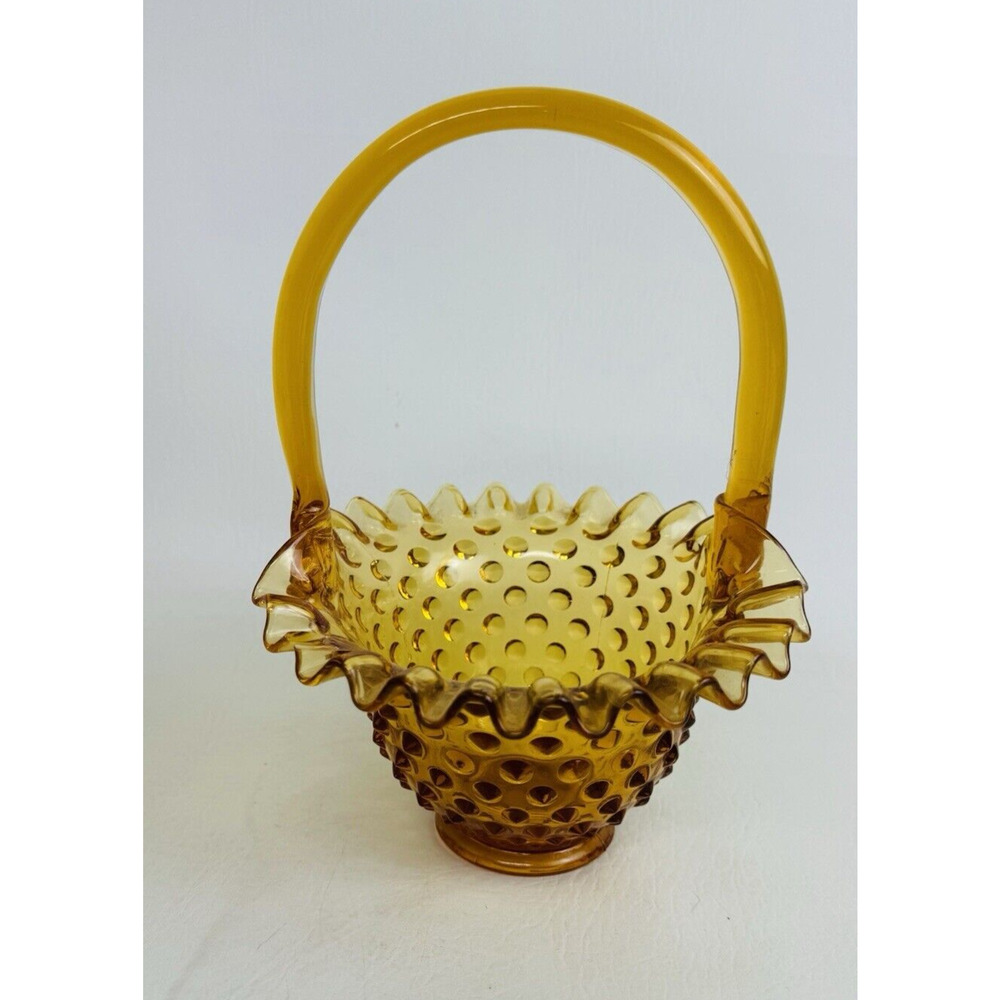 Vintage Fenton Amber Glass Hobnail Ruffled Edge Basket 8" Candy Dish